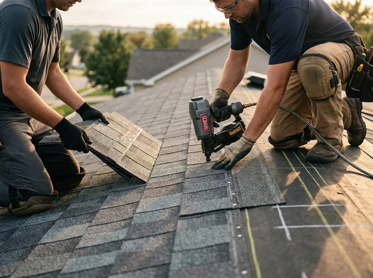 Professional roofer working on a residential roof in Ville Platte